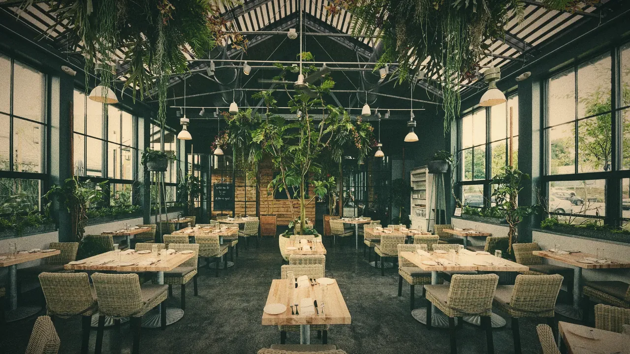 The glasshouse at Devon Yard: tables under a glass roof and hanging plants