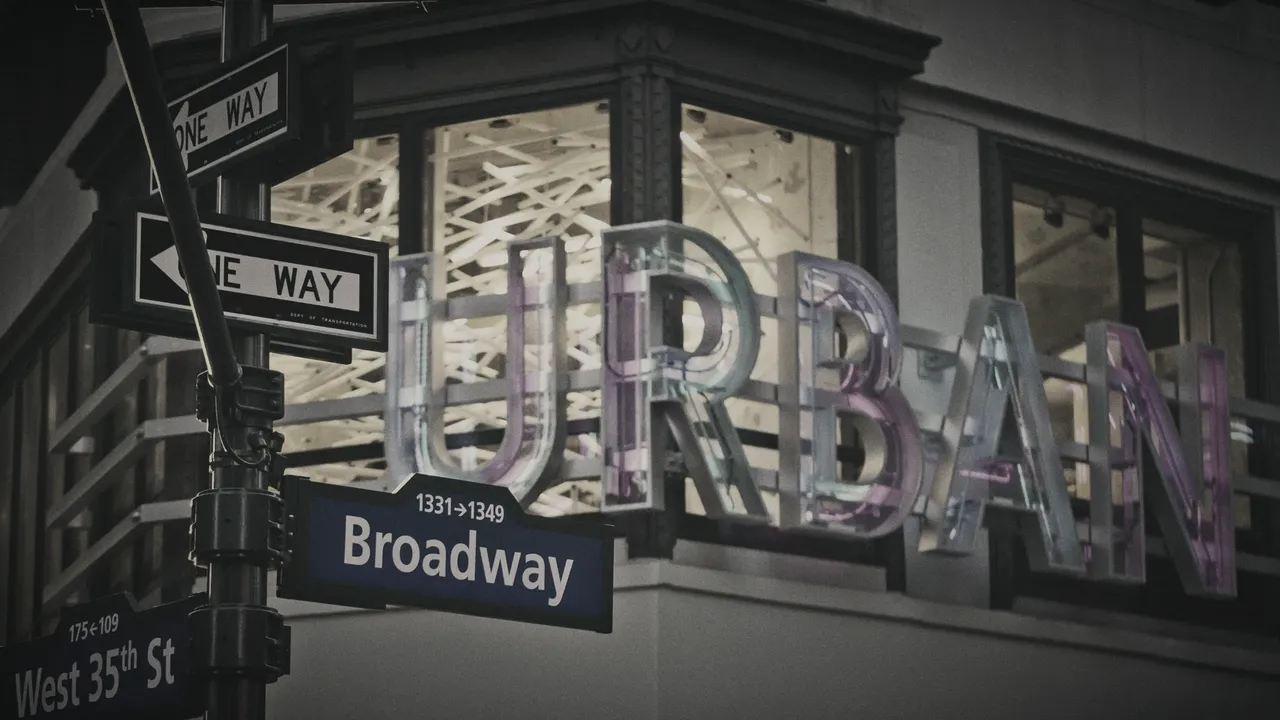 Urban Outfitters, Herald Square, New York: the lettered sign above Broadway