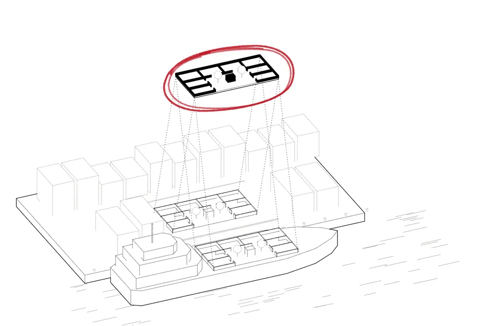 Drawing for File 01: one district plan, drawn once and ringed in red, lands in two places, on the deck of a ship at sea and in a square ashore.