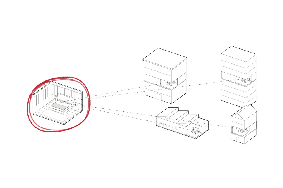 Drawing for File 03: one bedroom, ringed in red, made once and lent to four houses: a department store floor, a hotel, a furniture gallery and a designer’s townhouse.