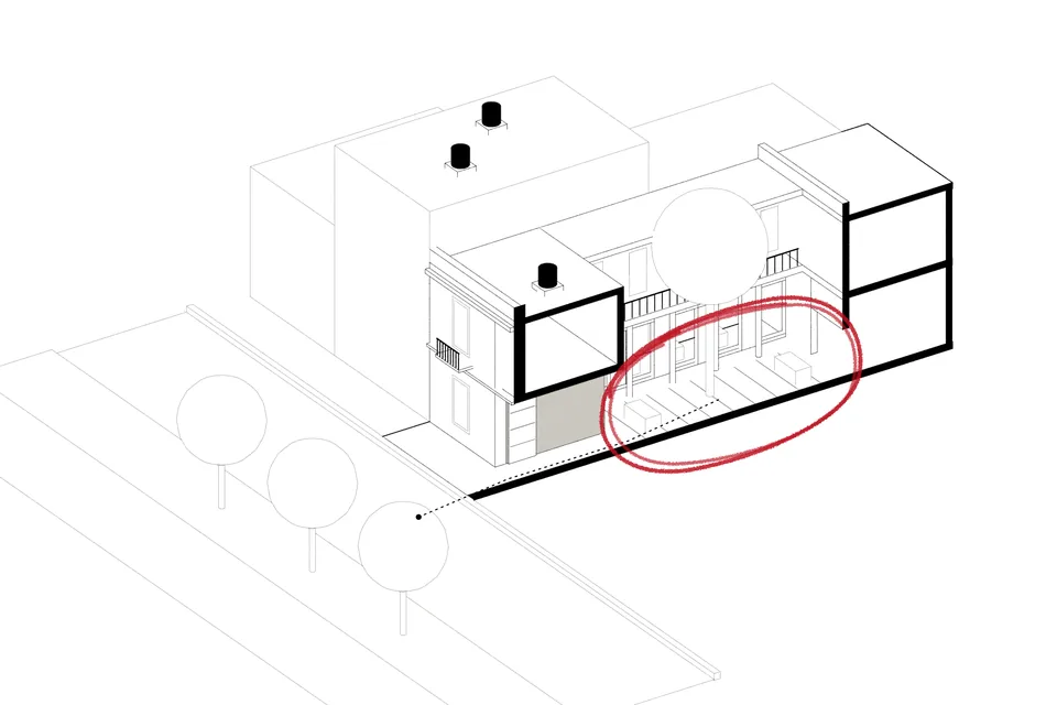 Drawing for File 04: a city house cut down its middle, from the bright avenue through the shaded entrance passage to the patio open to the sky, ringed in red, where the store opens first.