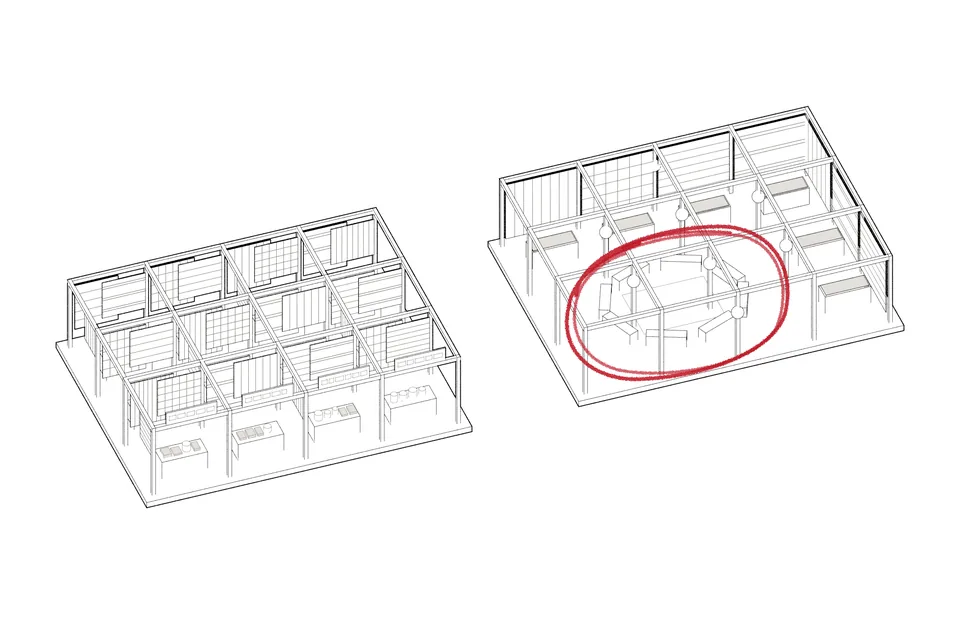 Drawing for File 05: one bare grid of frames drawn twice. In the morning every bay is a stall hung with cloth, pattern on pattern; by evening the stalls close up at the edges and the middle, ringed in red, is given to people under lanterns.