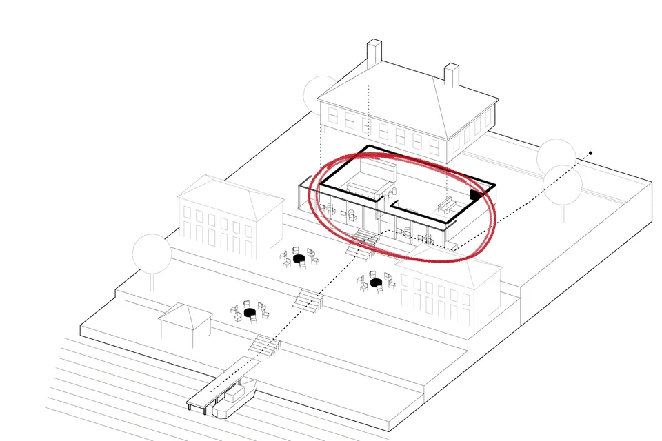 Drawing for File 06: an old coastal inn on a slope to the water; the house at the top has its upper floors lifted off, and its ground floor, ringed in red, is opened as a bar and a living room, with the porch looking down the lawn to the launch.