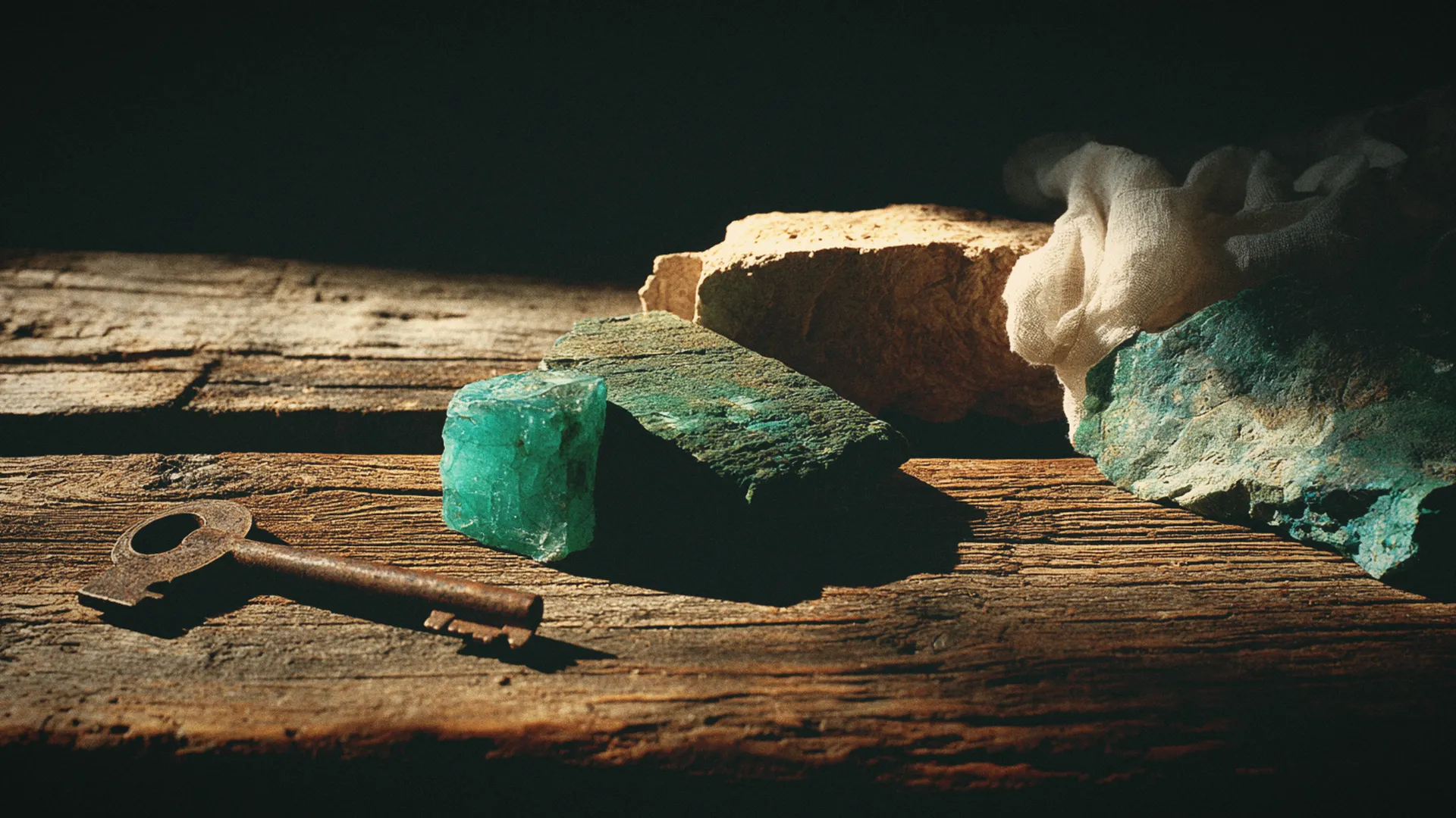 A still life of limestone, malachite, raw cotton and an iron key on an old oak table